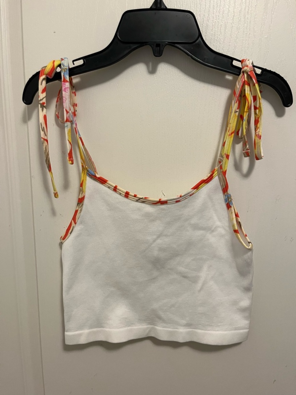 Forever 21 White Cropped Tank with Floral Tie Straps